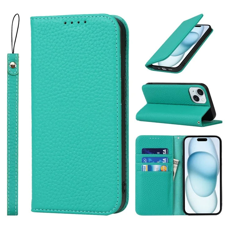 For iPhone 15 Case Litchi Texture Anti-scratch Genuine Cow Leather Cover Stand Wallet