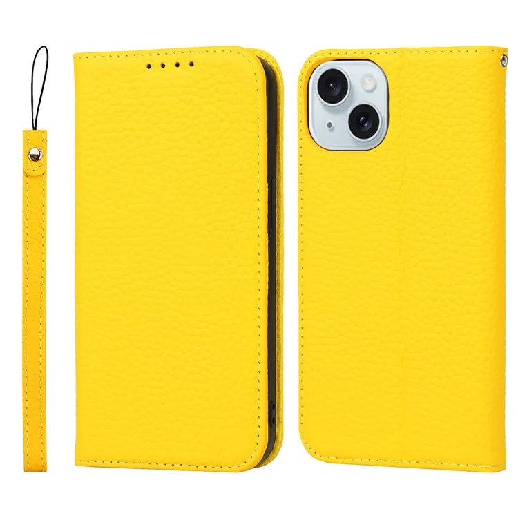 For iPhone 15 Case Litchi Texture Anti-scratch Genuine Cow Leather Cover Stand Wallet