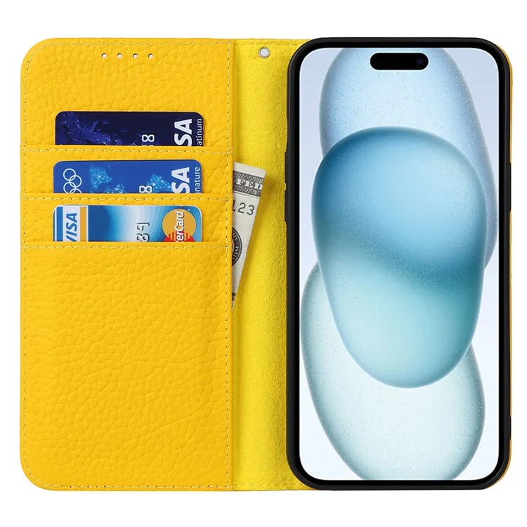 For iPhone 15 Case Litchi Texture Anti-scratch Genuine Cow Leather Cover Stand Wallet