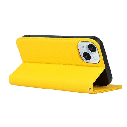 For iPhone 15 Case Litchi Texture Anti-scratch Genuine Cow Leather Cover Stand Wallet