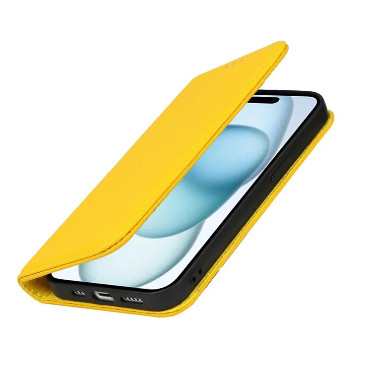 For iPhone 15 Case Litchi Texture Anti-scratch Genuine Cow Leather Cover Stand Wallet