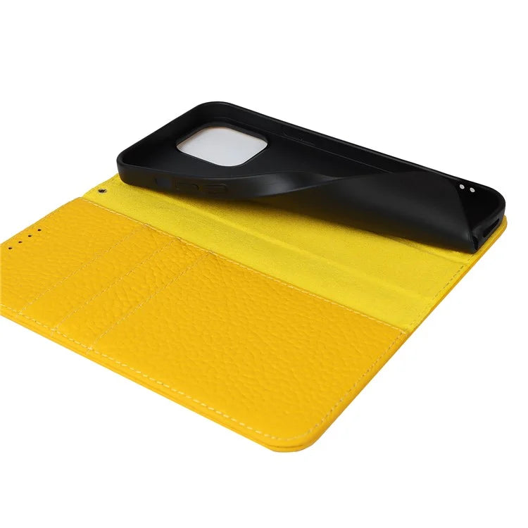 For iPhone 15 Case Litchi Texture Anti-scratch Genuine Cow Leather Cover Stand Wallet