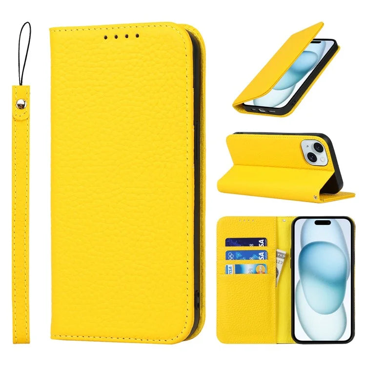 For iPhone 15 Case Litchi Texture Anti-scratch Genuine Cow Leather Cover Stand Wallet