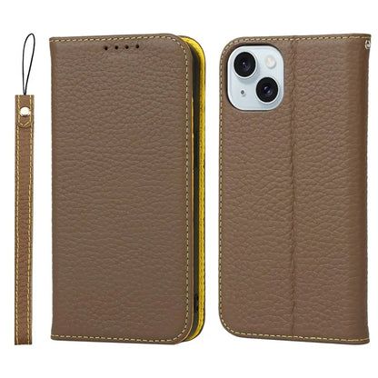 For iPhone 15 Case Litchi Texture Anti-scratch Genuine Cow Leather Cover Stand Wallet