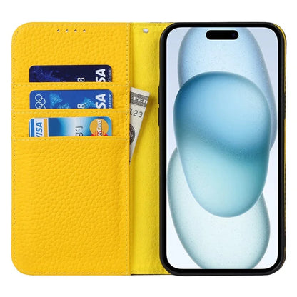 For iPhone 15 Case Litchi Texture Anti-scratch Genuine Cow Leather Cover Stand Wallet