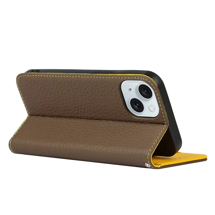 For iPhone 15 Case Litchi Texture Anti-scratch Genuine Cow Leather Cover Stand Wallet