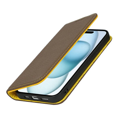 For iPhone 15 Case Litchi Texture Anti-scratch Genuine Cow Leather Cover Stand Wallet