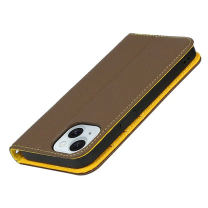 For iPhone 15 Case Litchi Texture Anti-scratch Genuine Cow Leather Cover Stand Wallet