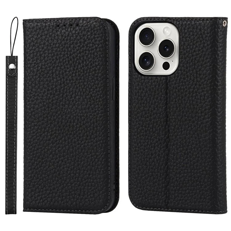 For iPhone 15 Pro Max Case Litchi Texture Genuine Cow Leather Phone Wallet Cover