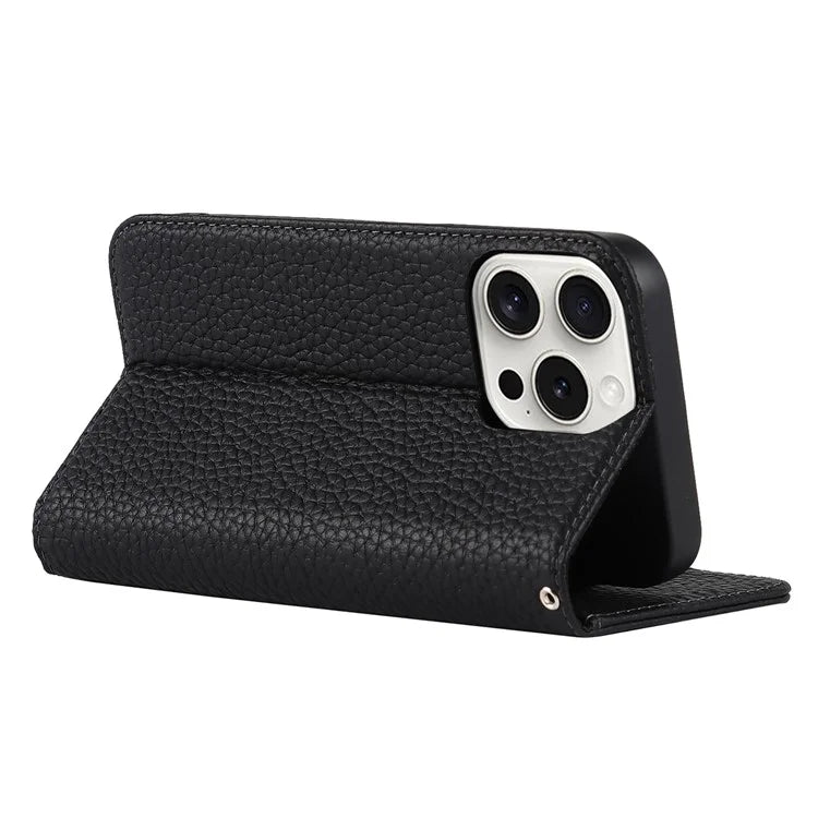 For iPhone 15 Pro Max Case Litchi Texture Genuine Cow Leather Phone Wallet Cover