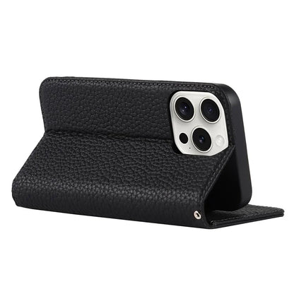 For iPhone 15 Pro Max Case Litchi Texture Genuine Cow Leather Phone Wallet Cover