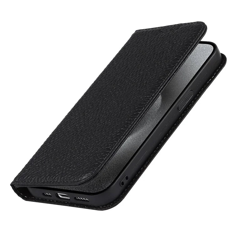For iPhone 15 Pro Max Case Litchi Texture Genuine Cow Leather Phone Wallet Cover