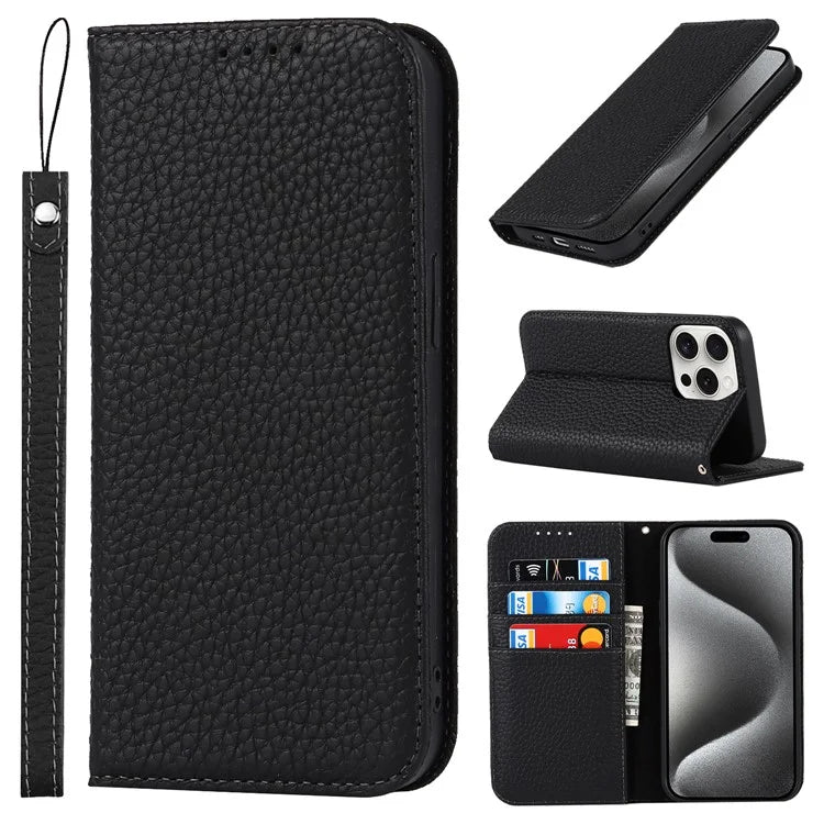 For iPhone 15 Pro Max Case Litchi Texture Genuine Cow Leather Phone Wallet Cover