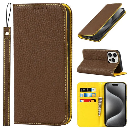 For iPhone 15 Pro Max Case Litchi Texture Genuine Cow Leather Phone Wallet Cover