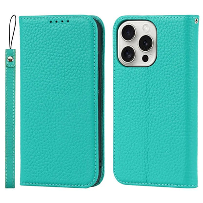 For iPhone 15 Pro Max Case Litchi Texture Genuine Cow Leather Phone Wallet Cover
