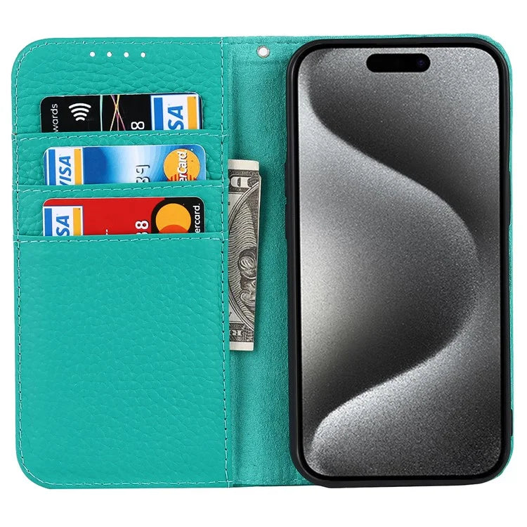 For iPhone 15 Pro Max Case Litchi Texture Genuine Cow Leather Phone Wallet Cover