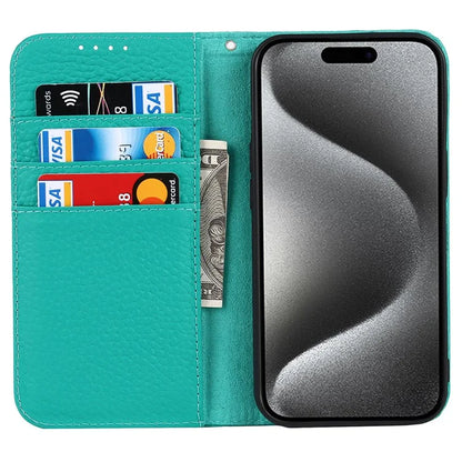 For iPhone 15 Pro Max Case Litchi Texture Genuine Cow Leather Phone Wallet Cover