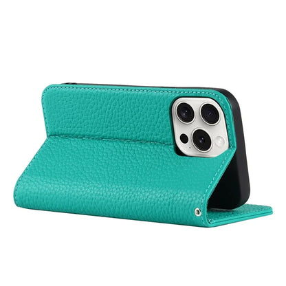 For iPhone 15 Pro Max Case Litchi Texture Genuine Cow Leather Phone Wallet Cover