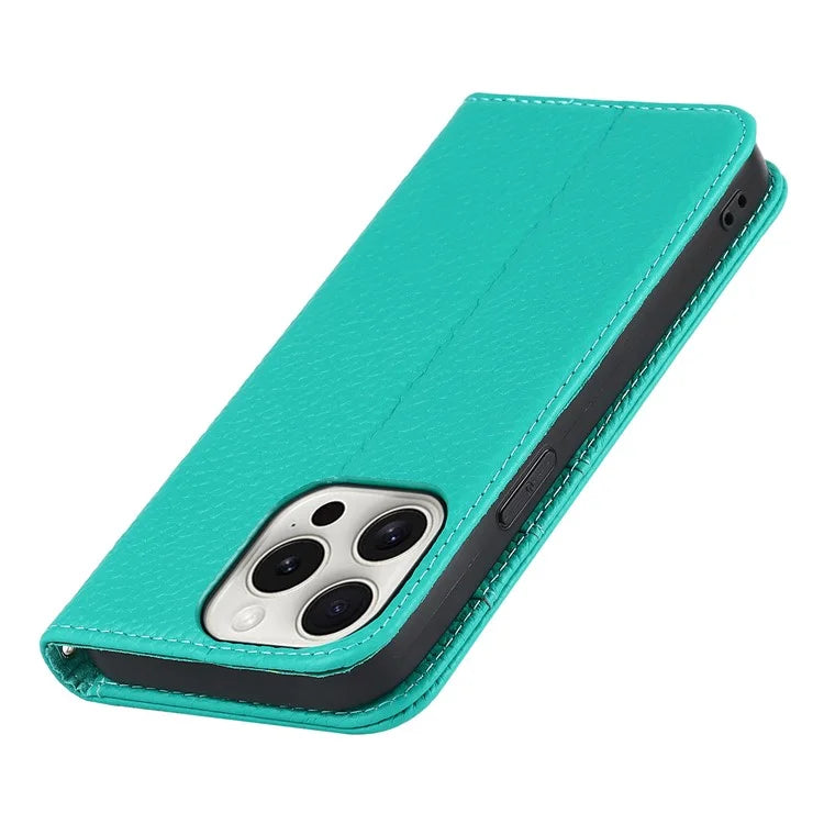 For iPhone 15 Pro Max Case Litchi Texture Genuine Cow Leather Phone Wallet Cover