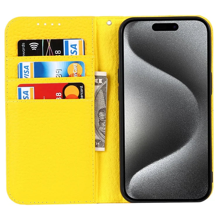 For iPhone 15 Pro Max Case Litchi Texture Genuine Cow Leather Phone Wallet Cover