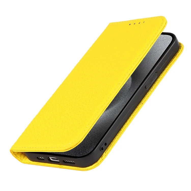 For iPhone 15 Pro Max Case Litchi Texture Genuine Cow Leather Phone Wallet Cover