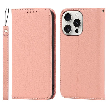 For iPhone 15 Pro Max Case Litchi Texture Genuine Cow Leather Phone Wallet Cover
