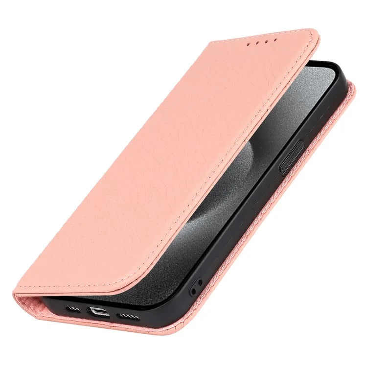 For iPhone 15 Pro Max Case Litchi Texture Genuine Cow Leather Phone Wallet Cover