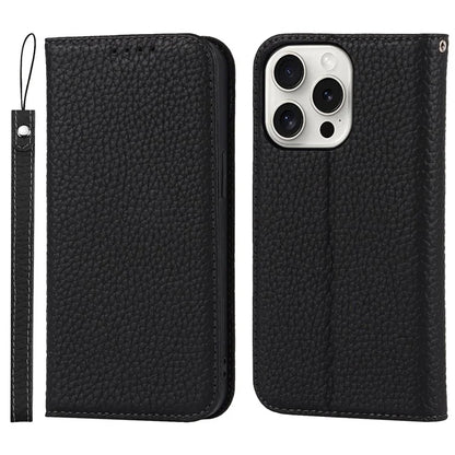 For iPhone 15 Pro Case Genuine Cow Leather Litchi Texture Phone Shell Wallet Cover