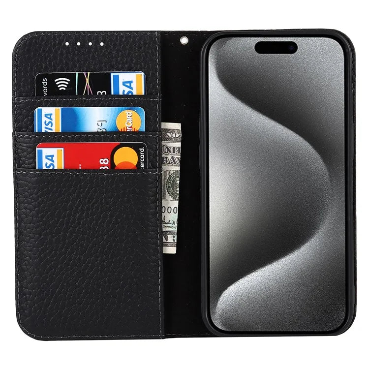 For iPhone 15 Pro Case Genuine Cow Leather Litchi Texture Phone Shell Wallet Cover
