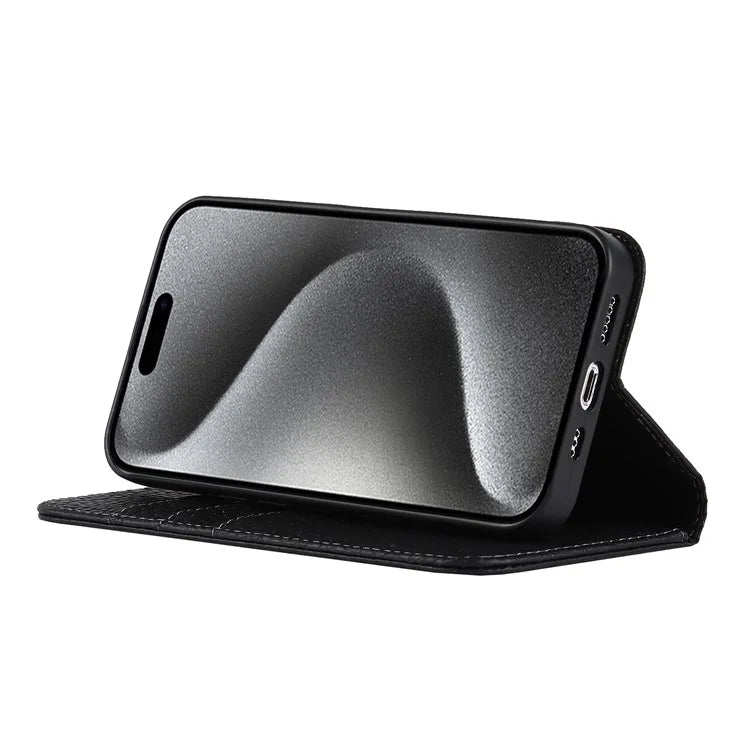 For iPhone 15 Pro Case Genuine Cow Leather Litchi Texture Phone Shell Wallet Cover
