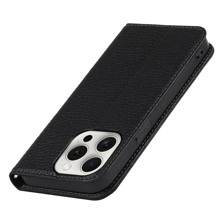 For iPhone 15 Pro Case Genuine Cow Leather Litchi Texture Phone Shell Wallet Cover