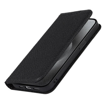 For iPhone 15 Pro Case Genuine Cow Leather Litchi Texture Phone Shell Wallet Cover