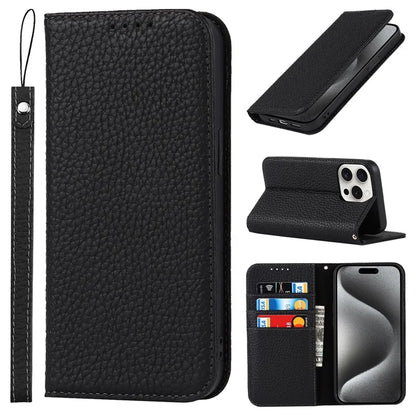 For iPhone 15 Pro Case Genuine Cow Leather Litchi Texture Phone Shell Wallet Cover