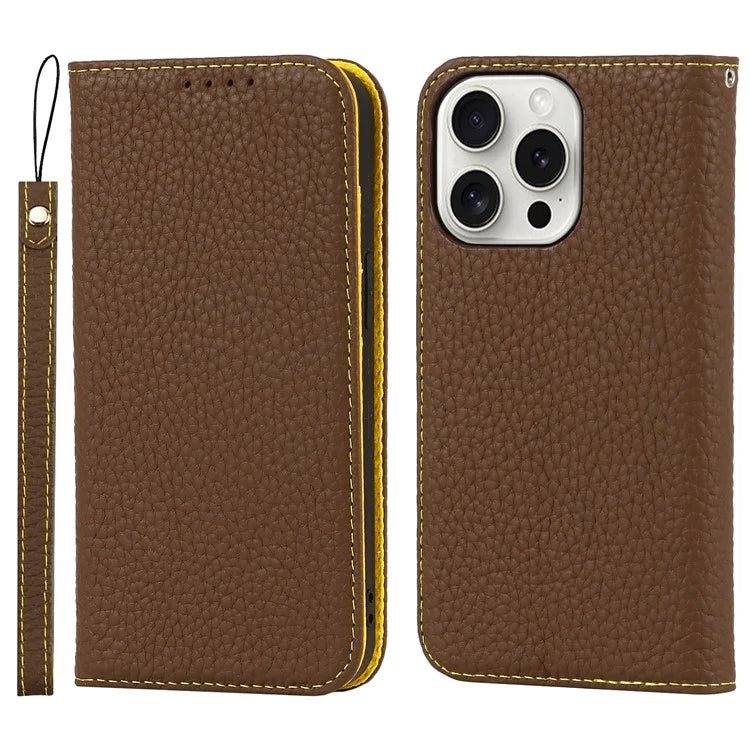 For iPhone 15 Pro Case Genuine Cow Leather Litchi Texture Phone Shell Wallet Cover