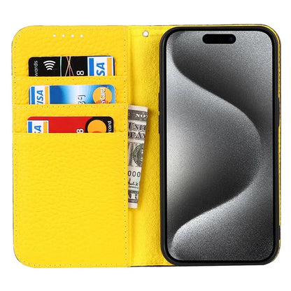For iPhone 15 Pro Case Genuine Cow Leather Litchi Texture Phone Shell Wallet Cover