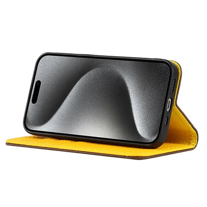 For iPhone 15 Pro Case Genuine Cow Leather Litchi Texture Phone Shell Wallet Cover
