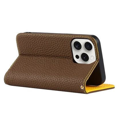 For iPhone 15 Pro Case Genuine Cow Leather Litchi Texture Phone Shell Wallet Cover
