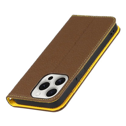 For iPhone 15 Pro Case Genuine Cow Leather Litchi Texture Phone Shell Wallet Cover