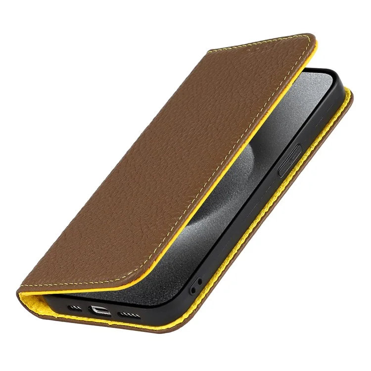 For iPhone 15 Pro Case Genuine Cow Leather Litchi Texture Phone Shell Wallet Cover
