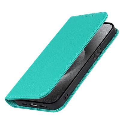 For iPhone 15 Pro Case Genuine Cow Leather Litchi Texture Phone Shell Wallet Cover