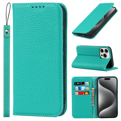For iPhone 15 Pro Case Genuine Cow Leather Litchi Texture Phone Shell Wallet Cover