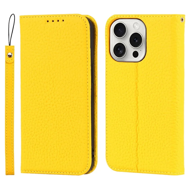 For iPhone 15 Pro Case Genuine Cow Leather Litchi Texture Phone Shell Wallet Cover
