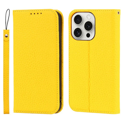 For iPhone 15 Pro Case Genuine Cow Leather Litchi Texture Phone Shell Wallet Cover