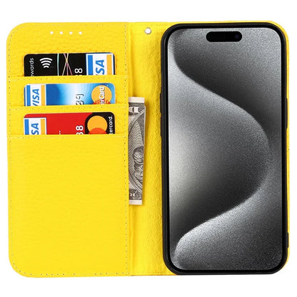 For iPhone 15 Pro Case Genuine Cow Leather Litchi Texture Phone Shell Wallet Cover
