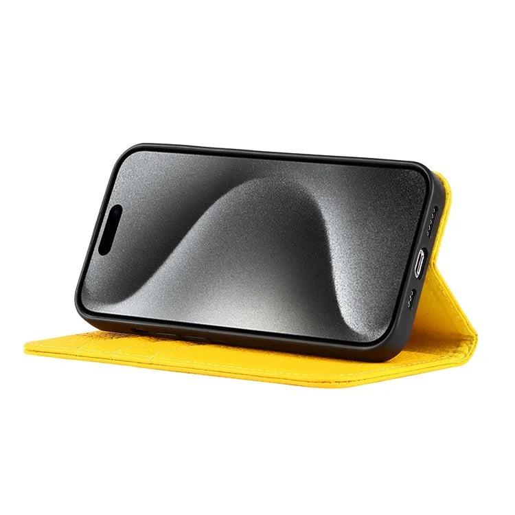 For iPhone 15 Pro Case Genuine Cow Leather Litchi Texture Phone Shell Wallet Cover