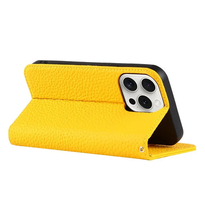 For iPhone 15 Pro Case Genuine Cow Leather Litchi Texture Phone Shell Wallet Cover