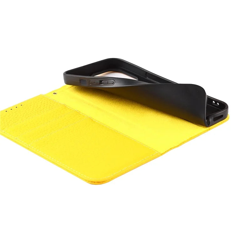 For iPhone 15 Pro Case Genuine Cow Leather Litchi Texture Phone Shell Wallet Cover
