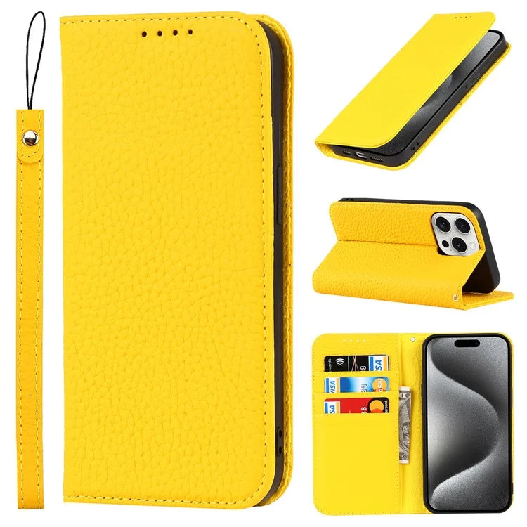 For iPhone 15 Pro Case Genuine Cow Leather Litchi Texture Phone Shell Wallet Cover