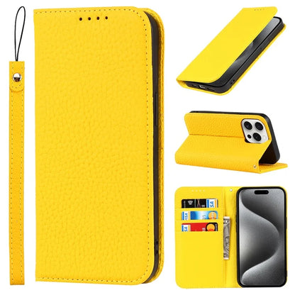 For iPhone 15 Pro Case Genuine Cow Leather Litchi Texture Phone Shell Wallet Cover