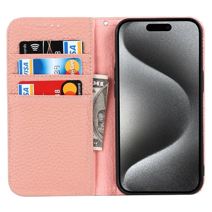 For iPhone 15 Pro Case Genuine Cow Leather Litchi Texture Phone Shell Wallet Cover